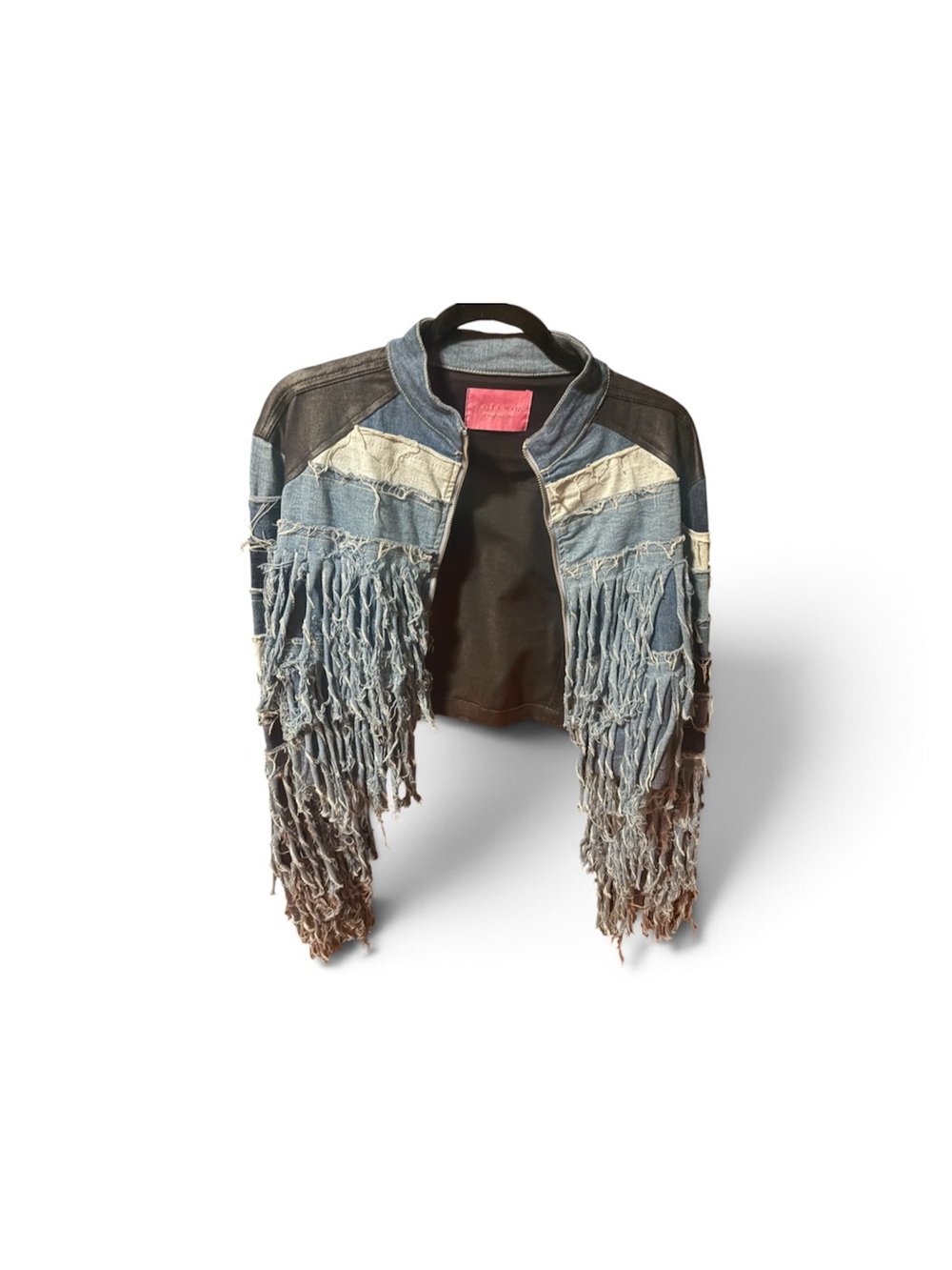 Cropped Fringed Denim Jacket in Blue
